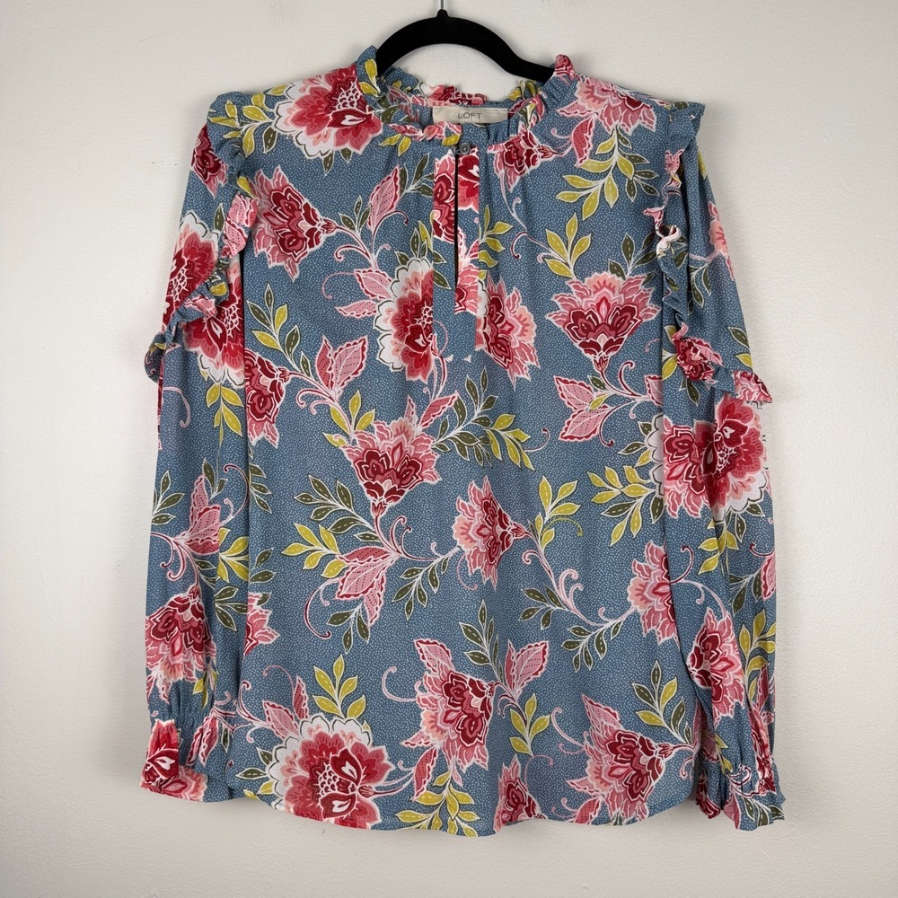 Loft Blouse Top Women's Medium Blue Floral 100% Polyester Ruffle Long Sleeve